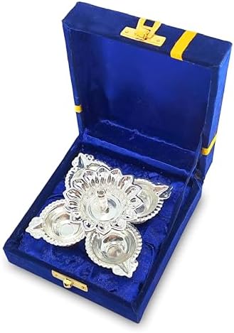 BENGALEN Diya German Silver Oil Lamp with Blue Velvet Box Silver Plated Panchmukhi Dia Pooja Items Home Decoration Puja Gifts Handmade Diwali Gift Traditional Indian Dhanteras Deepawali Upahaar