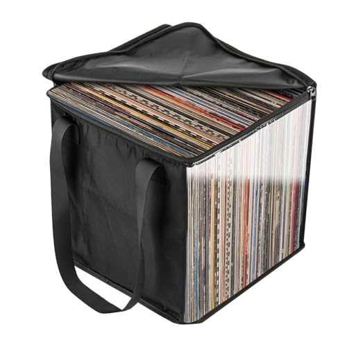 LP Vinyl Record Storage Case, Vinyl Record Storage Box, Foldable Dustproof LP Vinyls Records Storages Bag with Lid Handles, Holds Up 50 Vinyls Albums, Decorative Moving Box for Records