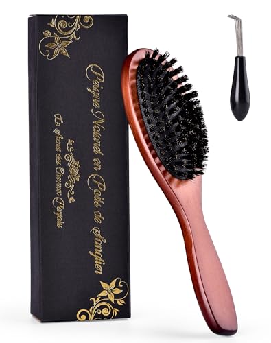 Brosse Poils Sanglier Brosse Cheveux Sanglier, Brosse Cheveux Naturelle pour Antistatique Professionnelle Réduisant la Casse des Cheveux et les Cheveux Crépus pour Femmes Hommes et Enfants