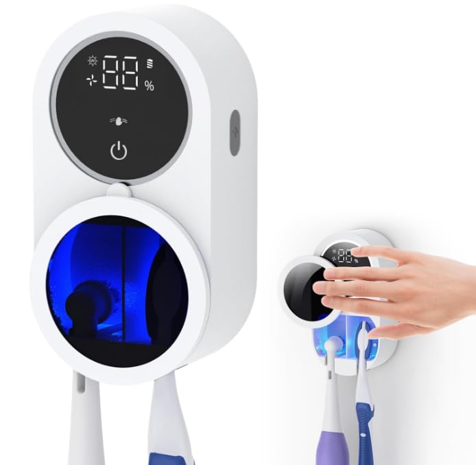 Focenat Esterilizador Cepillo Dientes UV con Secado por Aire, Soporte Cepillo de Dientes Eléctrico de Pared con Sensor de Movimiento, Pantalla LED, Recargable USB-C, Desinfectante para Baño y Familia