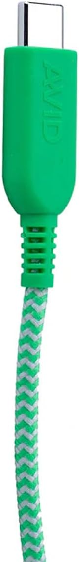 Close-up of the green USB-C connector for the Avid WonderEars headphone.