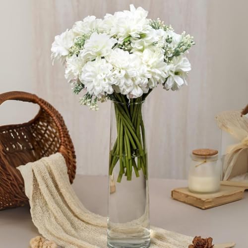 Image of SATYAM KRAFT 3 Pcs Artificial Dahlia Flower Bunch - 7-Stem Faux Bouquet for Home, Office, Wedding & Party Decoration - Realistic Fabric Flower Arrangement (Without Vase) (White)