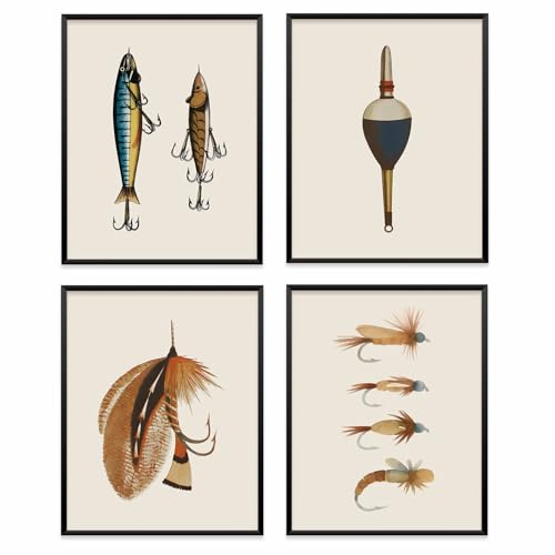VONTP Retro Fishing Wall Art Decor, Classic Fly Fishing Gear Hook Reels and Tackle Prints Poster Wall Decorations for Boys Room Home Bedroom Living Room, 8x10 Inch Set of 4 (Unframed)