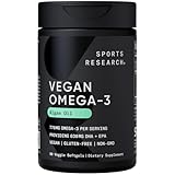 Sports Research Vegan Omega-3 Fish Oil Alternative from Algae Oil - Highest Levels of Vegan DHA & EPA Fatty Acids | Non-GMO Tested & Vegan Certified - 60 Veggie Softgels (Carrageenan Free)