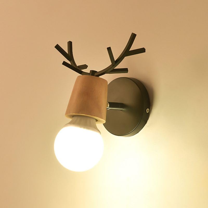 Image of LITFAD Minimalist Wall Sconce Deer Horn Shape Wall Light Modern Wall Mounted Lamps Single Light Exposed Bulb Design Wall Lighting Fixtures for for Hallway, Bedroom, Living Room, Bathroom,Black-Wood