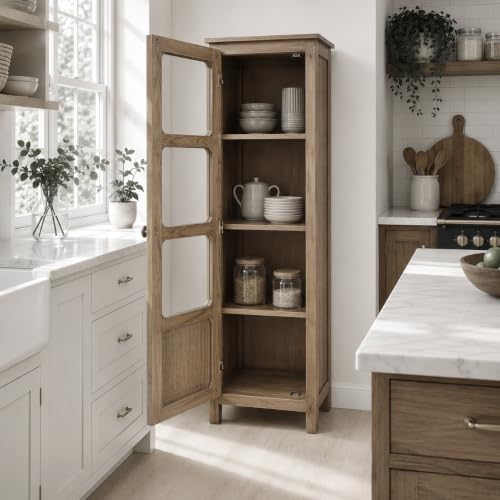 Image of The Attic Crestwood 1 Door Kitchen Cabinet, Multipurpose Cabinet for Bedroom Living Room Study bar, Solid Wood Bookshelf Kitchen Cabinet, Light Teak Matte Finish Glass