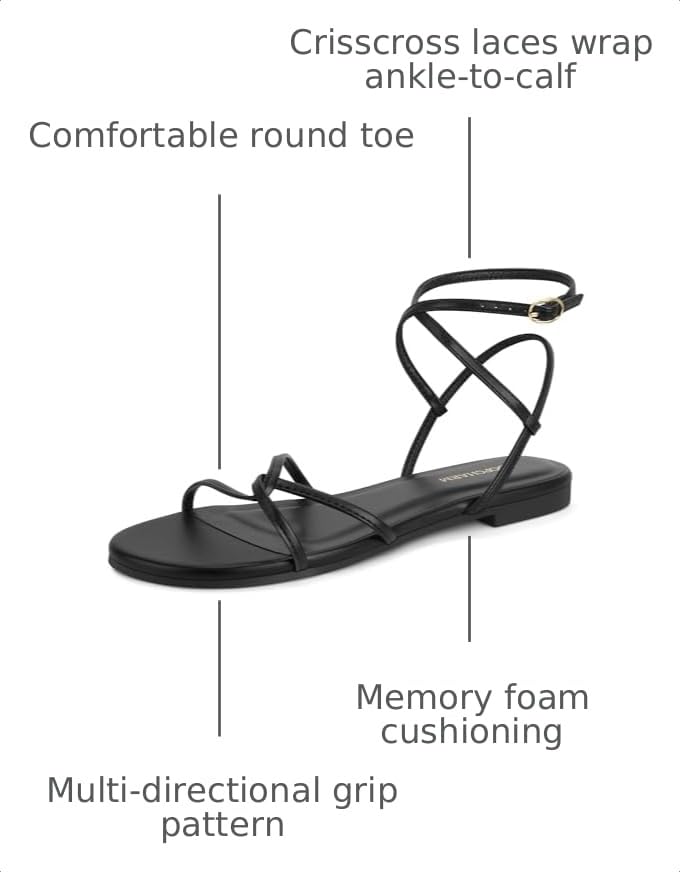 Image of Women's Flat Sandals Strappy Open Round Toe Lace Up Shoes with Adjustable Ankle Strap for Summer
