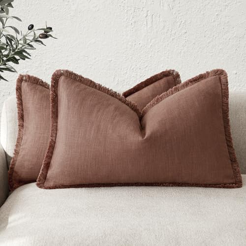 Image of Foindtower Set of 2 Decorative Linen Fringe Lumbar Throw Pillow Covers Boho Farmhouse Cushion Cover with Tassels Soft Accent Pillowcase for Couch Sofa Bed Living Room Home Decor,12x24 Inch,Rust Red