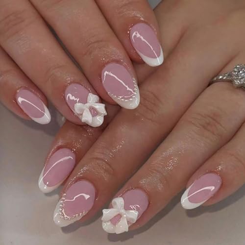 24pcs White French Tip Press on Nails Short Almond Fake Nails with Bow Pearl Designs Pink  Nails Cute Acrylic Nails Kit Glossy Artificial Glue on Nail for Women DIY Nail Decoration