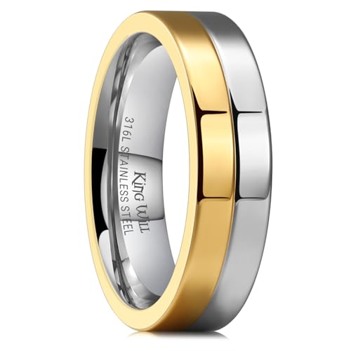 King Will Stainless Steel Men's Wedding Band – 6mm Men Wedding Ring Wedding Band Dual-Tone Polished Finish with Gold Plating, Fashionable and Durable Stainless Steel Men's Ring Comfort Fit Size 12