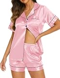Ekouaer Satin Pajama Set for Women Summer Silky Pjs Short Sleeve Shirt with Shorts Set Button Up Sleepwear & Loungewear,Pink,Large