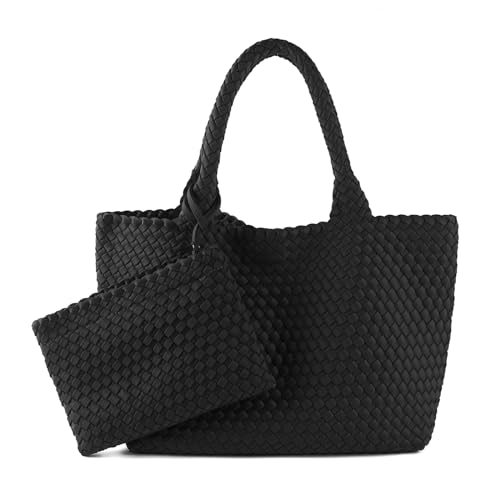 Image of Woven Bag for Women, Large Neoprene Tote Bag Summer Beach Handbag Purse Retro Handmade Travel Shoulder Bag Set