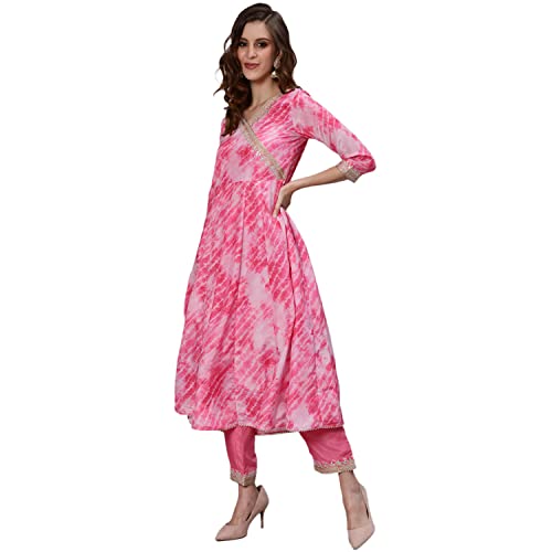 Image of ishin Women's Silk Tie & Dye Zari Embroidered Anarkali Kurta Trouser Dupatta Set