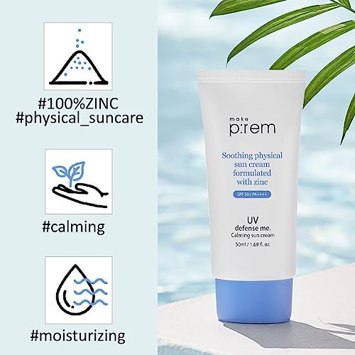 Make Prem Uv Defense Me. Calming Sunscreen, Spf 50+ Pa++++ Vegan Reef-Safe Mineral Facial Sunblock, Non-Nano Zinc Oxide Hydrating Calming Korean Face & Body Sunscreen For Sensitive Skin And All Skin Types, No Oxybenzone Or Octinoxate 50Ml, 1.69 Fl.oz. #TOP2