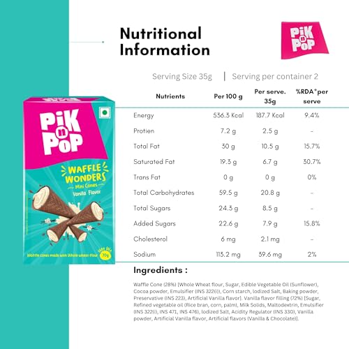 Image of Pik n Pop Vanilla Mini Waffle Cones 70g (Pack of 2) | Crispy Cones with Creamy Vanilla Filling | Whole Wheat | Non-Meltable Ready-to-Eat Snack | 100% Eggless