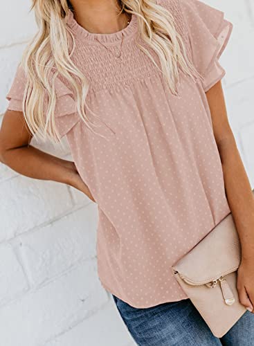 Dokotoo Women's Ladies Fashion Sexy Lace Crewneck Ruffle Short Sleeve Smocked Shirts For Women Casual Loose Cute Swiss Dot Pom Pom Chiffon Blouses Tops Pink 2Xl #TOP2