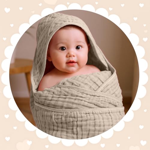 Image of Peryiter 6 Pcs Muslin Hooded Baby Towels, 32 inchx 32 inch Cotton Newborn Bath Towel Muslin Infant Baby Blankets Absorbent Unisex Newborn Registry Gift Essentials for Girls Boys (Brown and Pink Series)