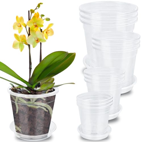 TOUYINGER Lot de 12 Pot Orchidée Transparent, 11cm/15cm/17cm/21cm Pots de Fleur Interieur avec Trou de Drainage, Épaissie Pot Plante Plastique pour Jardin Bureau Balcon Horticulture
