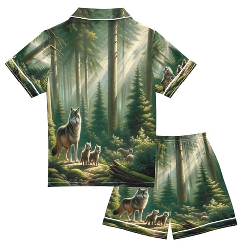 ALAZA Wolf Family Landscape Satin Pajamas Set Short Sleeve Button Down Sleepwear Summer Pjs 2 Piece2
