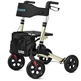 ELENKER All-Terrain Rollator Walker with Seat, Outdoor Rolling Walker, 10” Non-Pneumatic Tire Wheels Compact Folding Design for Seniors, Champagne