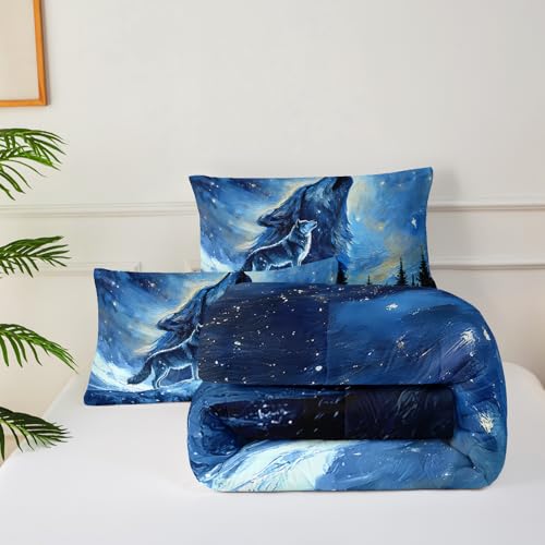 Image of Wolf Comforter Set Twin for Boys Girls,Howling Wolves Night Moon Comforter Mountain Forest Wolf Bed Set,Wild Animals Quilt Set for Adults Kids Bedroom Decor,All Seasons