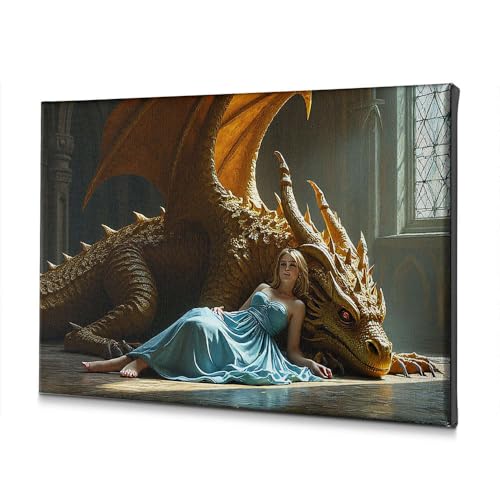 Tableau salle de bain femme robe bleue et dragon doré 40x60cm