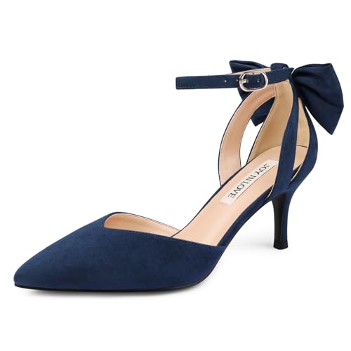 JOY IN LOVE Womens Pumps Kitten Bow Heels Closed Pointed Toe Sandals Ankle Strap Dress Shoes Navy Suede US6.5
