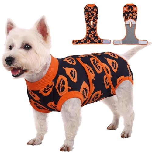 Kuoser Dog Surgery Recovery Suit, Doggie Surgical Bodysuit for Female Male Dogs, Pet Anti Licking Shirt for Spay Neuter Dog Cone Alternative S (Back:11.4-13.4'', Weight:7-15 LB) Pumpkin