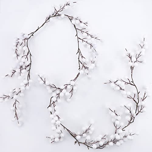 5.25 Feet Christmas Artificial Frosted Holly Berries String Mini White Artificial Holly Berries Garland Berry Flower Xmas Garland Hanging String Wire Vine for Christmas Tree Wreath Garlands Making