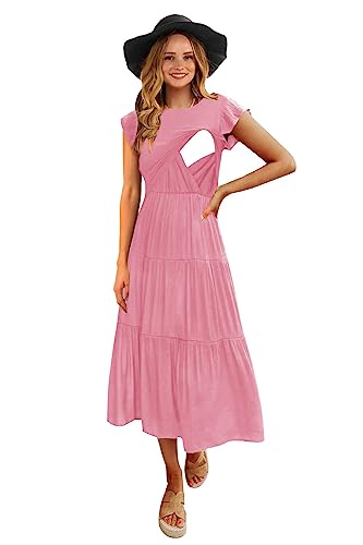 Image of CzzzyL Womens Flutter Short Sleeve Smocked Tiered Nursing Dress for Breastfeeding