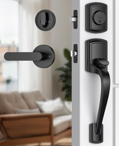 Image of Black Front Door Handle and Deadbolt Set, Front Door Lock Set | Heavy Duty Exterior Door Handle, Zinc Entry Locksets with Deadbolt, Exterior Door Lock with Lever, Easy Install, Universal