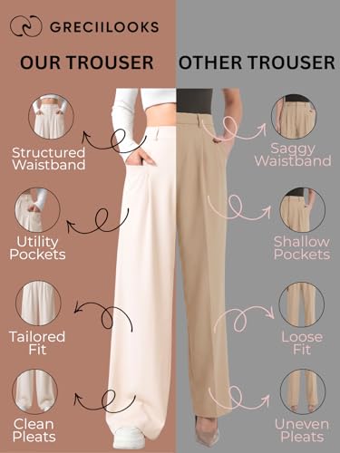Image of GRECIILOOKS Trousers for Woman | Womens High Rise High Waist Flared Korean Style | Formal Pant for Women Office Wear| Track Pants for Womans Elegant for College & Events (Available in Plus Size)