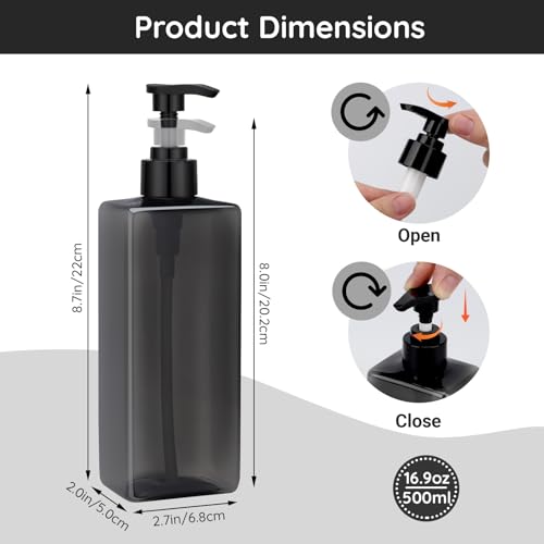 Image of Segbeauty 16.9oz Shampoo Bottles Refillable Pump Bottle, 3pcs Shower Bottle Soap Dispenser with Labels, 500ml Gray Empty Plastic Square Shampoo Conditioner Dispenser, Body Wash Containers for Bathroom