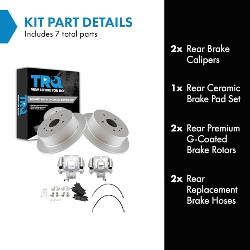 Image of TRQ Rear Brake Pad and Rotor Set Ceramic G Coated Rotors Calipers Compatible with 2004-2007 Toyota Highlander with All Wheel Drive