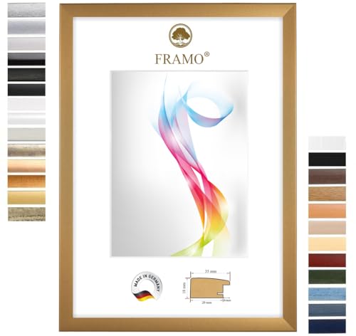 FRAMO Cornice portafoto in legno 75 x 98 cm (misura dell'immagine) in oro semplice, dimensioni a scelta, cornice per poster, puzzle, collage fotografico, realizzata su misura, cornice su misura