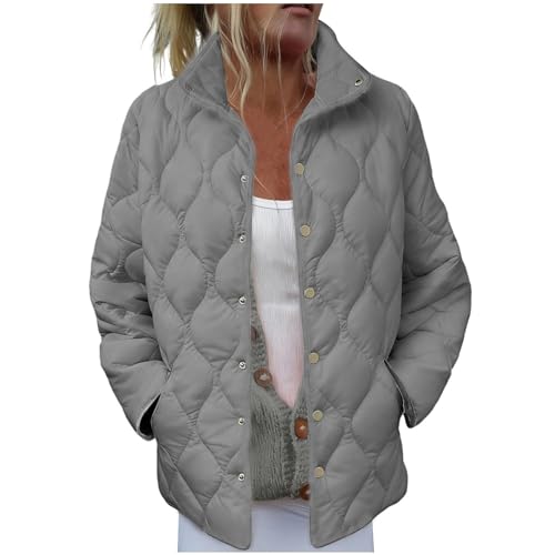 Chaqueta acolchada para mujer, ligera, de invierno, cuello alto, talla grande, chaqueta acolchada para invierno, casual, con bolsillo, para exteriores, cortavientos, 1 gris., S