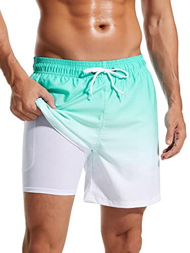 SILKWORLD Men’s 5 Inch Swim Trunks New 2023 Bathing Suit Quick Dry Swimming Shorts with Compression Liner and Zipper Pockets,Green White Gradient,Large2