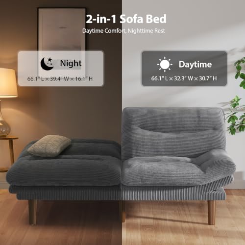 Image of Amada Convertible Corduroy Futon Sofa Bed, 66 inch, Charcoal Gray