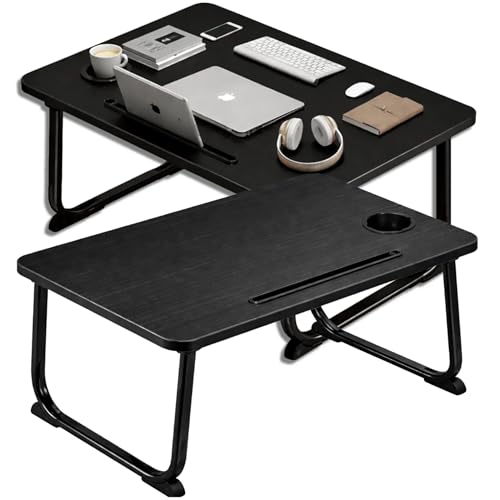 PECZEKO Laptoptisch Klappbar – Laptopständer mit Tablet-Halter, Frühstückstablett aus Holz, Tisch für Sofa und Bett, Multifunktionaler Notebooktisch zum Arbeiten, Lesen und Essen,1 Stück schwarz