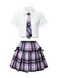SOLY HUX Girl's Plaid Skirt Set 3 Piece Outfit Uniform Short Sleeve Shirts Pleated Skirts with Bow Tie Preppy Clothes White Purple Plaid 10Y
