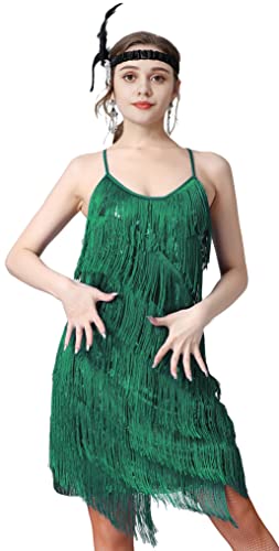 Image of Women 1920s Gatsby Flapper Dress Sexy Open Back Strap Fringed Cocktail Party Dress with 20s Accessories