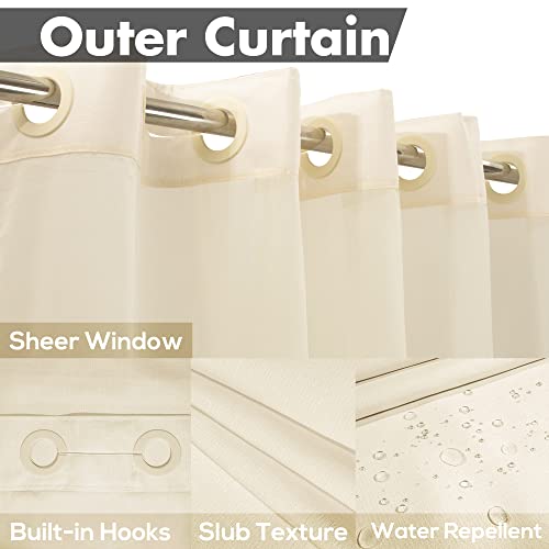 No Hook Slub Textured Shower Curtain With Snap-In Peva Liner Set - 71" X 74"(72"), Hotel Style Cream Shower Curtain With Sheer Top Window, Water Repellent, Sand, W71Xh72 #TOP2