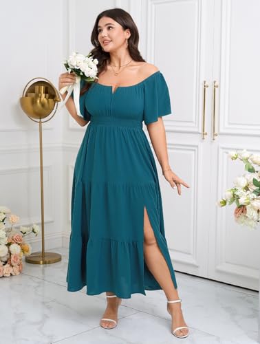 Image of SCOMCHIC Womens Plus Size Maxi Dress Formal Short Sleeve Square Neck Smocked Side Split Flowy A Line Tiered Long Dress