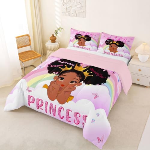 Image of Erosebridal Black Girls King Bedding Set Rainbow Princess Magical Comforter Set for Nursery Kids African American Quilt Black Princess Girl Duvet Insert Pretty Little Girls Inspirational Bed Set