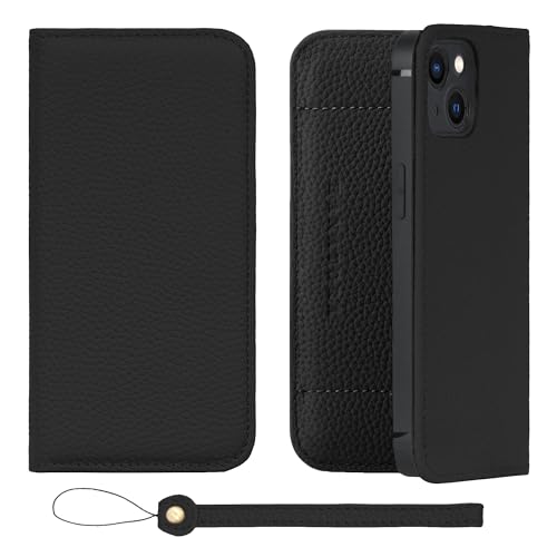HANATORA iPhone14 ケース 手帳型 本革 スマホケース スマホ スタンド ストラップ 付き シュリンクカーフレザー ギフト ベルトなし マグネットなし ブラック H1SPA-14-Black ギフト 誕生日ギフト 女性 彼女 お母さん お父