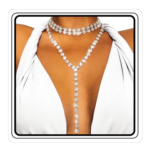 ELABEST Long Rhinestone Necklace Layered Y Necklaces Crystal Choker Necklace Dainty Wedding Bridal Bridesmaid Jewelry for Women