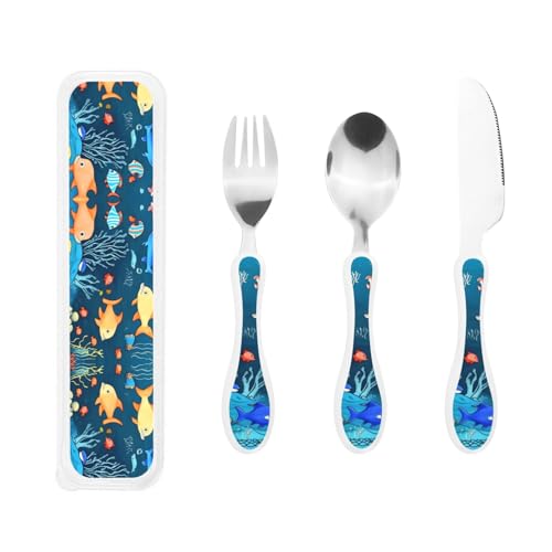 Blue Underwater World of Fish Print Knife, Fork and Spoon Set - Stainless Steel Flatware Set, Birthday Parties, and More â€“ Adorable