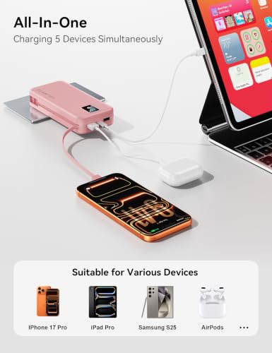 Rngsnoy Portable Charger 12000mAh 22.5W w/Built-in Cable & Wall Plug Purple | 22.5W fast charging, LED display, Charging 5 devices at once, Pass through charging, TSA approved, Compatible with iPhone - image 7