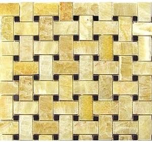 Honey Onyx Polished Basketweave with Black Insert Dot Mosaic Tile