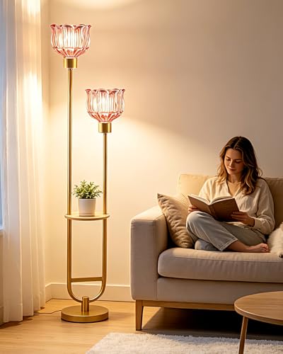 Image of Modern Glass Floor Lamp with Shelf 2-Lights Gold Floor Lamp with Deep Red Glass Shade, Mid Century Standing Tall Lamps with Foot Switch for Living Room Bedroom Home Decor (Bulbs Included)